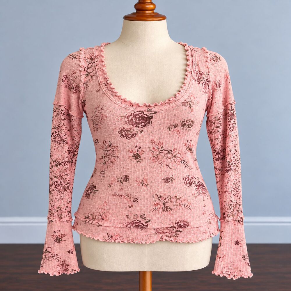 Free People We The Free Clover Printed Thermal Top Pink Floral XS Long Sleeve